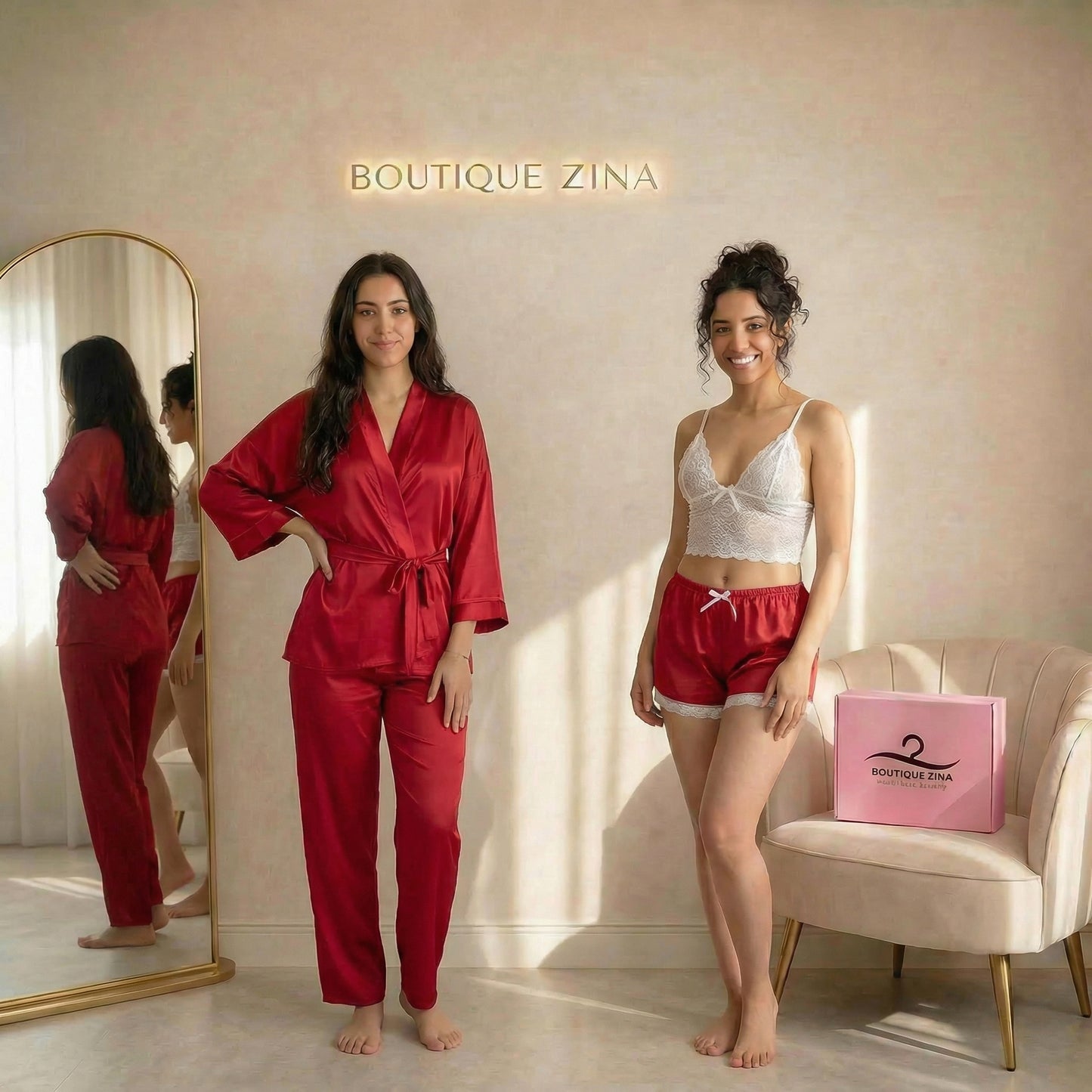 Ensemble 4 Pièces  : Pantalon, Peignoir, Top Dentelle & Short