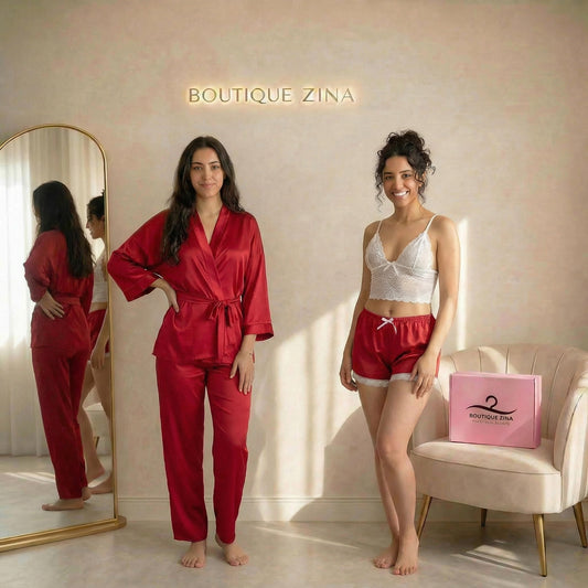 Ensemble 4 Pièces  : Pantalon, Peignoir, Top Dentelle & Short