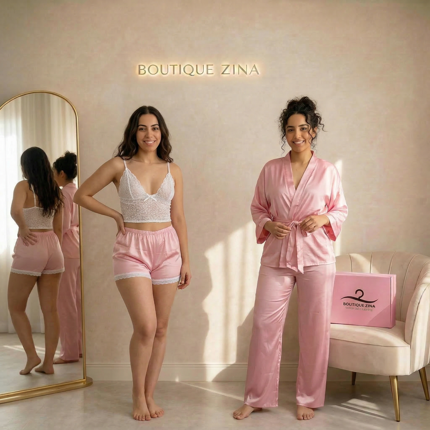 Ensemble 4 Pièces  : Pantalon, Peignoir, Top Dentelle & Short
