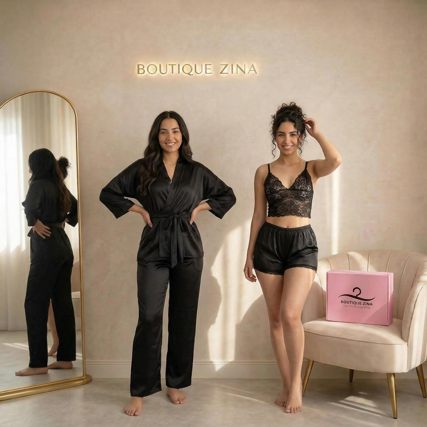Ensemble 4 Pièces  : Pantalon, Peignoir, Top Dentelle & Short