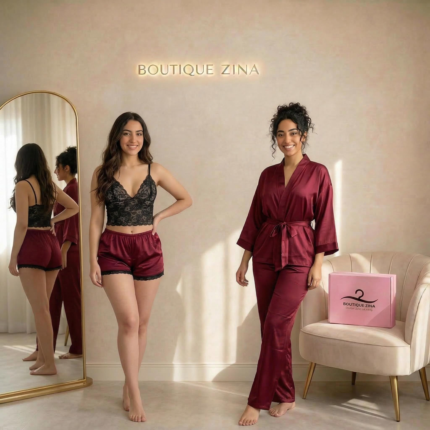 Ensemble 4 Pièces  : Pantalon, Peignoir, Top Dentelle & Short